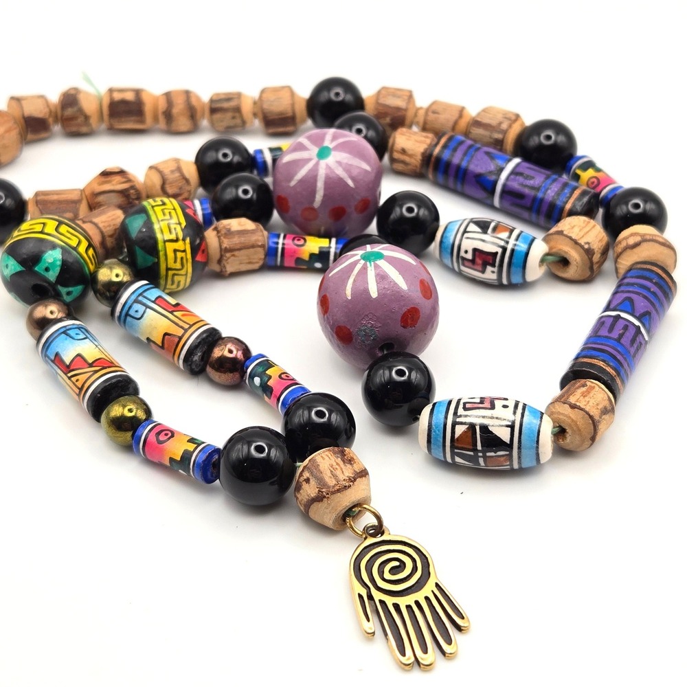 Boho Hamsa Hand Beaded Necklace Hand Painted Ceramic Wood Tribal Ethnic 24 Inch